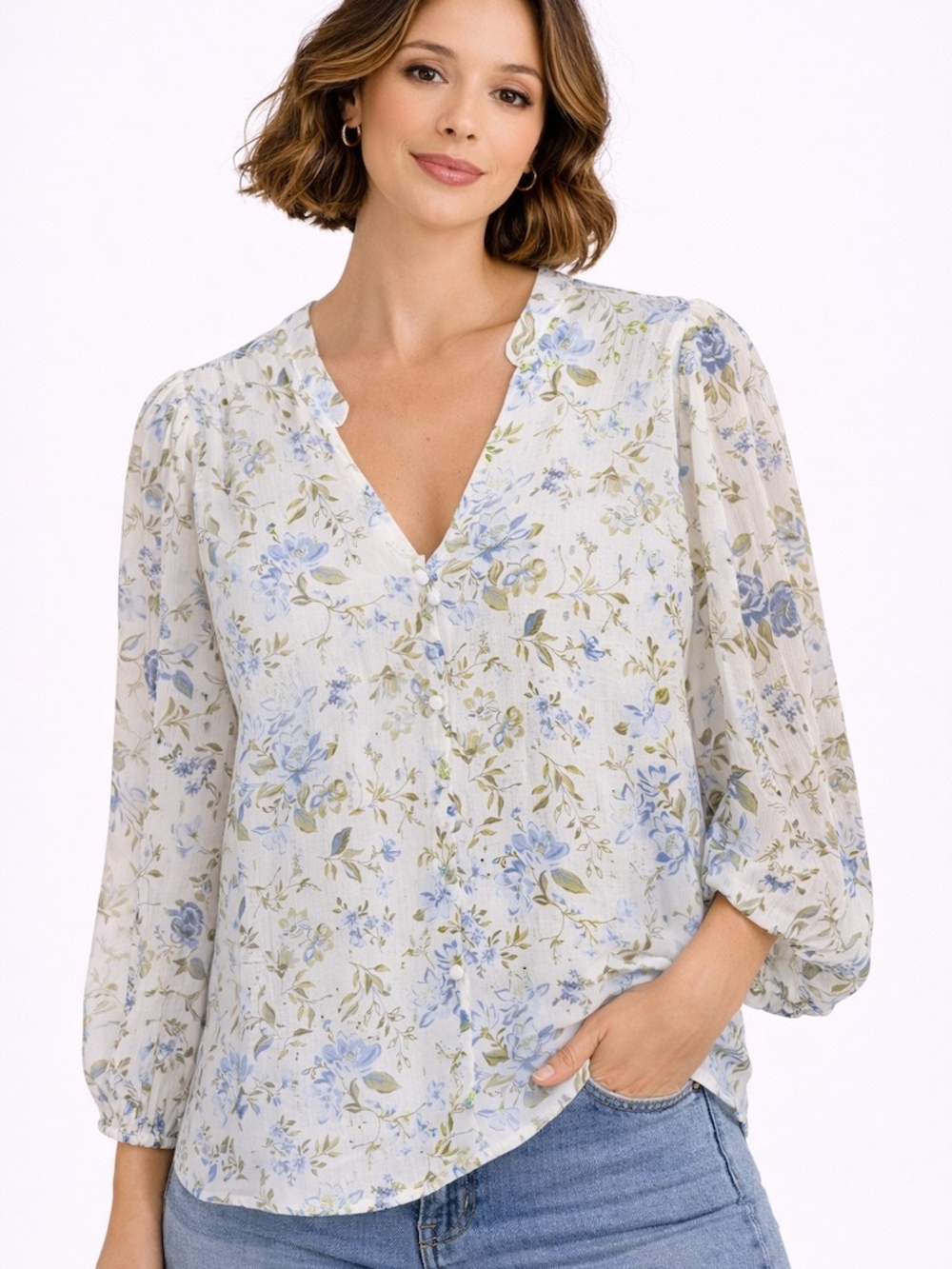 Rachel Zoe Light Blue Floral V-Neck Peasant Blouse